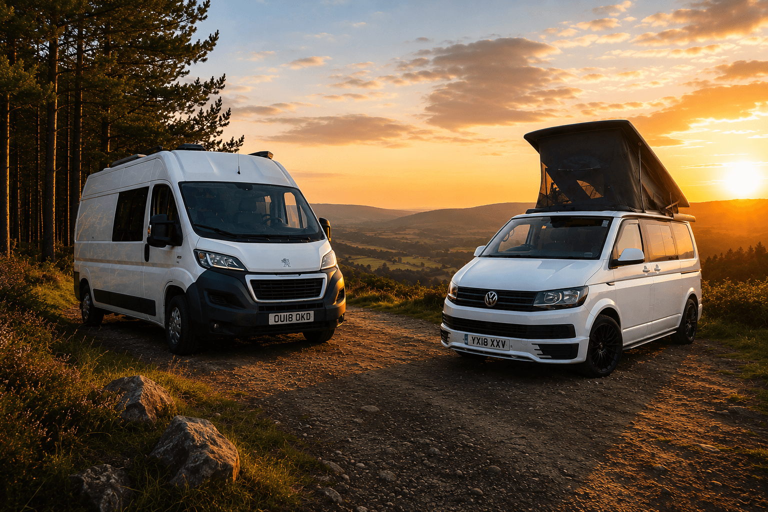 Two Camper Junkies campervans overlooking the countryside at sunset.